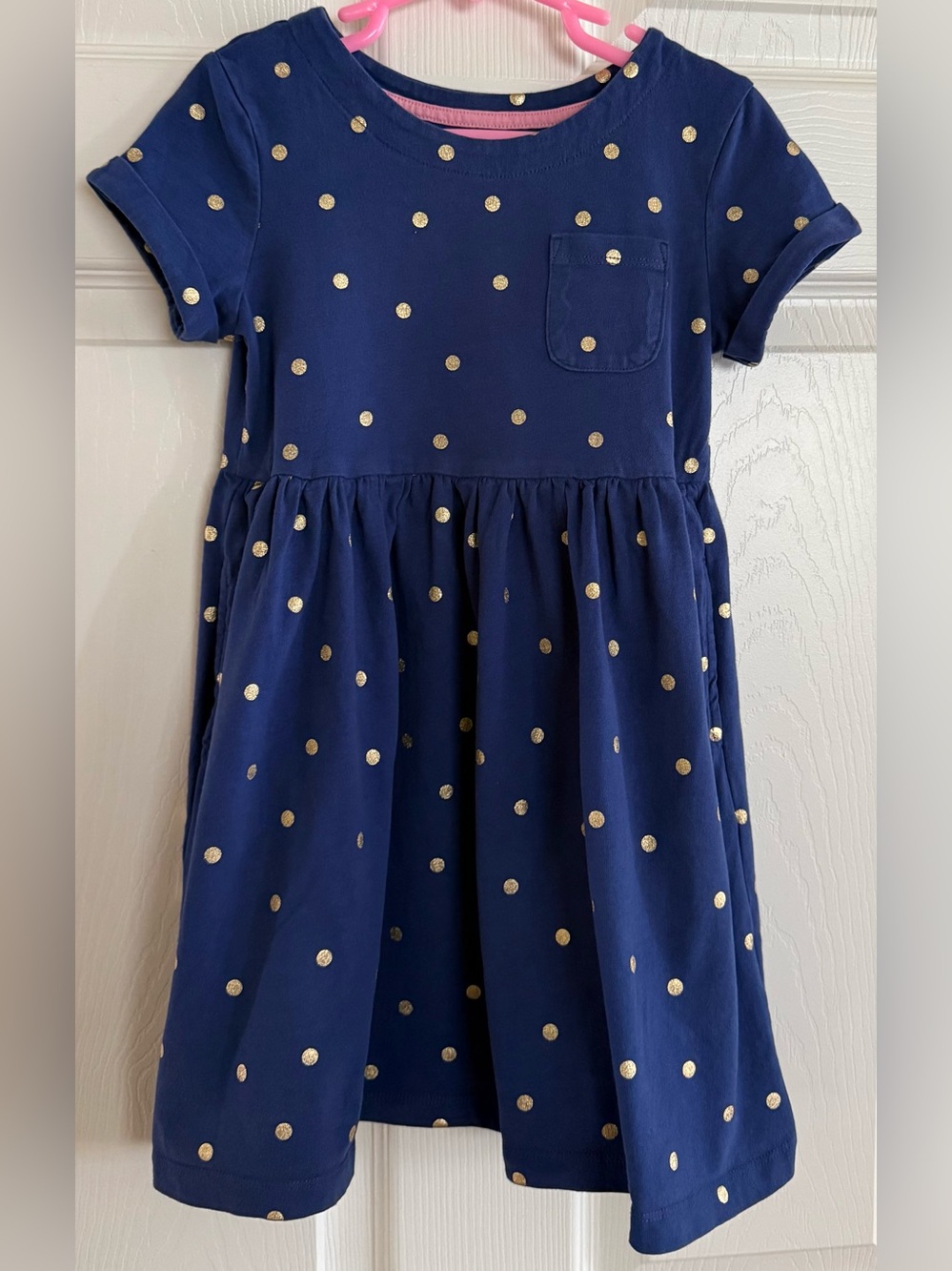 Mini Boden navy blue gold polka dot short sleeve dress girls size 6 7